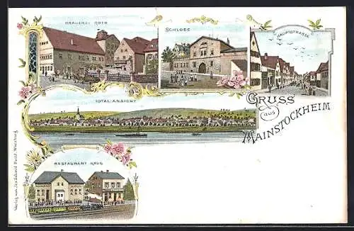 Lithographie Mainstockheim, Brauerei Roth, Restaurant Krug mit Zug, Schloss