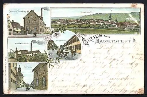 Lithographie Marktsteft a. M., Brauerei Kesselring, Farbfabrik Lucas, Hauptstrasse, Rathaus-Partie, Totalansicht