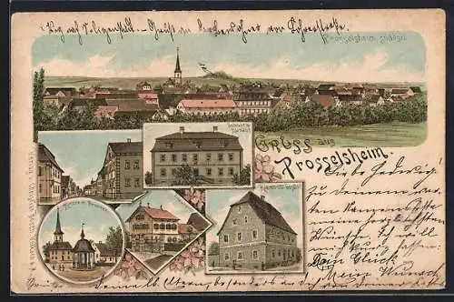 Lithographie Prosselsheim, Klemm`scher Gasthof, Villa Lindner, Kirche mit Brunnen, Schule und Rathaus, Totalansicht