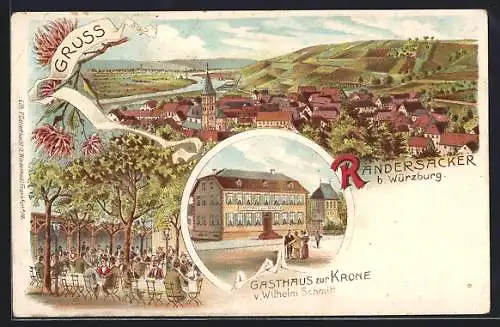 Lithographie Randersacker b. Würzburg, Gasthaus zur Krone v. Wilhelm Schmitt mit Wirtschaftsgarten, Totalansicht