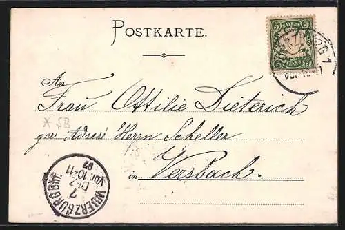 Lithographie Rimpar, Zwei Damen in Tracht, Totalansicht