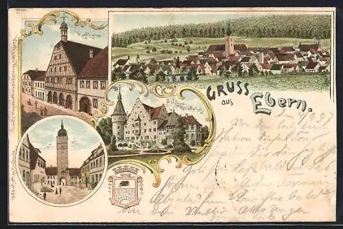 Lithographie Ebern, Schloss Eyrichshof, Rathaus, Stadttor mit Turm, Totalansicht
