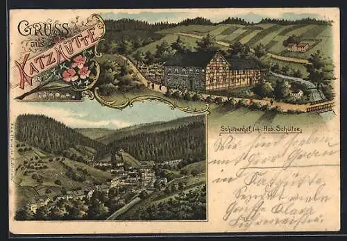 Lithographie Katzhütte, Schützenhof, Panorama