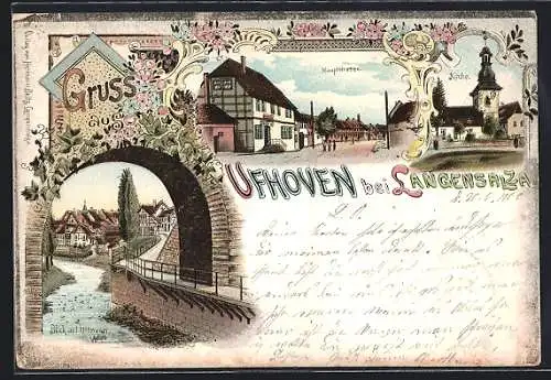 Lithographie Ufhoven bei Langensalza, Hauptstrasse, Blick auf die Kirche, Durchblick zur Ortschaft