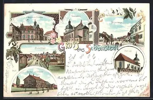Lithographie Schönstedt, Gasthaus Zum Schwan, Gemeinde Schenke, Hauptstrasse