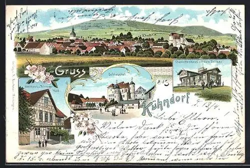 Lithographie Kühndorf / Thür., Gasthaus z. Thüringer Wald, Charlottenhaus auf dem Dolmar, Schlosshof