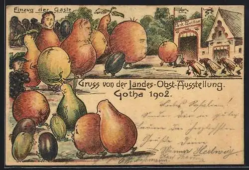 Lithographie Gotha, Landes-Obst-Ausstellung 1902, Einzug der Gäste als vermenschlichte Früchte