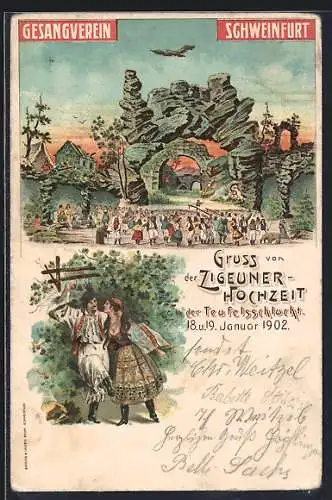 Lithographie Schweinfurt, Zigeuner-Hochzeit in der Teufelsschlucht 1902, Gesangsverein