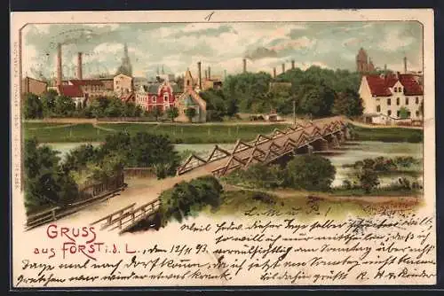 Künstler-Lithographie Erwin Spindler: Forst / Lausitz, Blick zum Ort