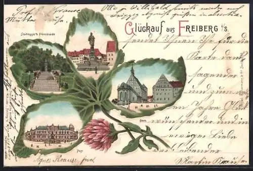 Passepartout-Lithographie Freiberg i. S., Marktbrunnen, Freitreppe, Post u. Dom im Kleeblatt