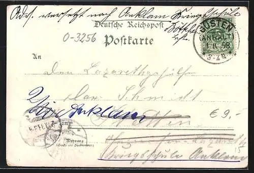 Lithographie Güsten / Anhalt, Bahnhof, Mittel- und Bürgerschule, Post