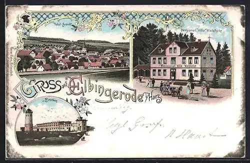 Lithographie Elbingerode /Harz, Pensionat Villa Waldhöhe, Brocken-Panorama, Totalansicht