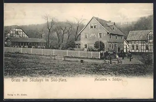 AK Sülzhayn /Harz, Heilstätte v. Schäfer mit kleiner Versammlung