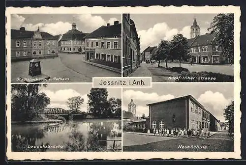 AK Jessnitz i. Anh., Stadtsparkasse u. Rathaus mit -Denkmal, Strasse, Neue Schule mit Schülern