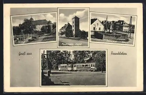 AK Frankleben, Feuerwehr-Depot, Schloss, Denkmal, Schule, Strassenbahn