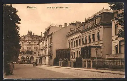 AK Bremen, Blick auf Hillmanns Hotel, mit Strasse u. Strassenbahn