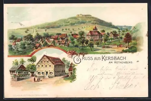 Lithographie Kersbach am Rothenberg, Schiffers Gasthaus, Panoramablick auf das Dorf