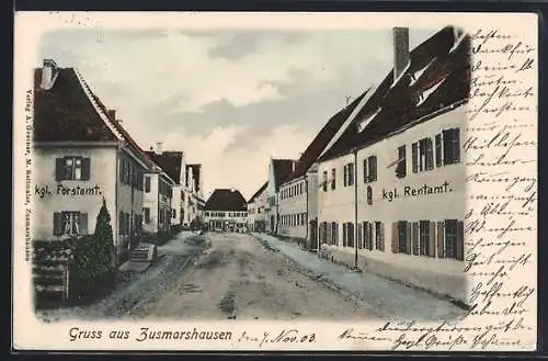 AK Zusmarshausen, Strassenpartie mit Kgl. Rentamt und Postamt
