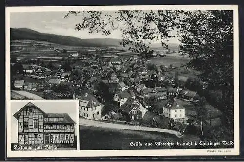 AK Albrechts b. Suhl, Gasthaus Zum Hirsch und Blick auf den Ort