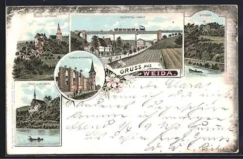 Lithographie Weida / Thür., Oschützthal-Viaduct, Schloss Osterburg, Ruine der Wiedenkirche