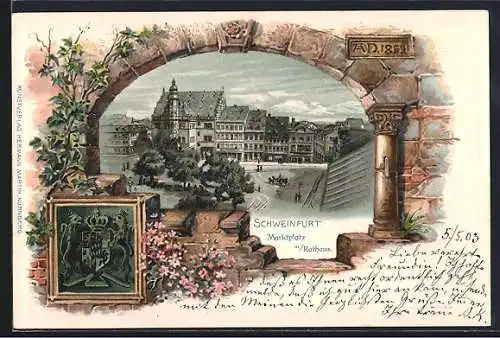 Passepartout-Lithographie Schweinfurt, Marktplatz mit Rathaus