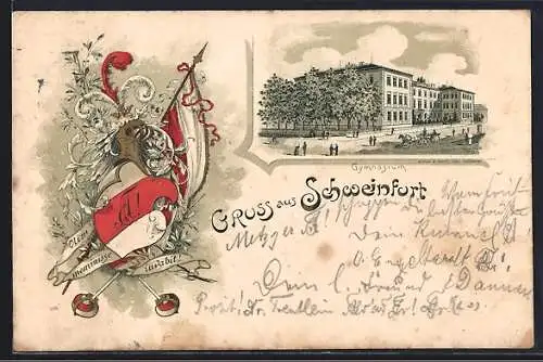 Lithographie Schweinfurt, Gymnasium, Studentenwappen mit Zirkel