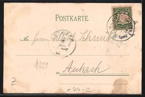 Lithographie Schweinfurt, Gymnasium, Studentenwappen mit Zirkel