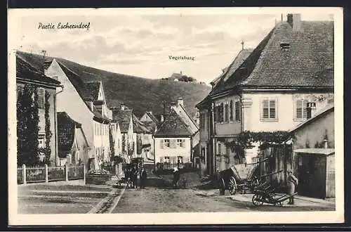 Künstler-AK sign. Hans Pernat: Escherndorf, Strassenpartie mit Blick zur Vogelsburg