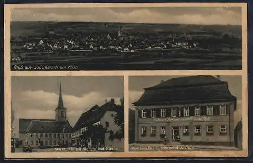 AK Sommerach am Main, Restaurant und Bäckerei A. Pfaff, Marktplatz mit Schule und Kirche