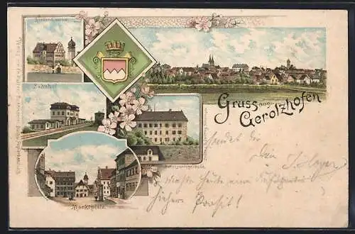 Lithographie Gerolzhofen, Bahnhof, Marktplatz und Bezirksamtsgebäude