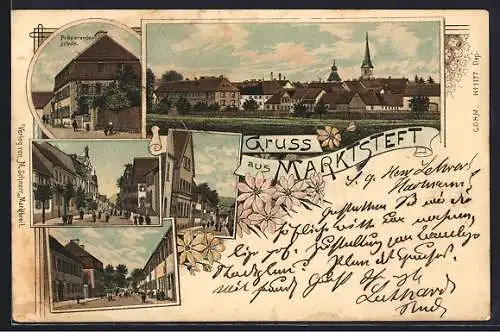Lithographie Marktsteft, Präparandenschule, Ortsansicht mit Kirche