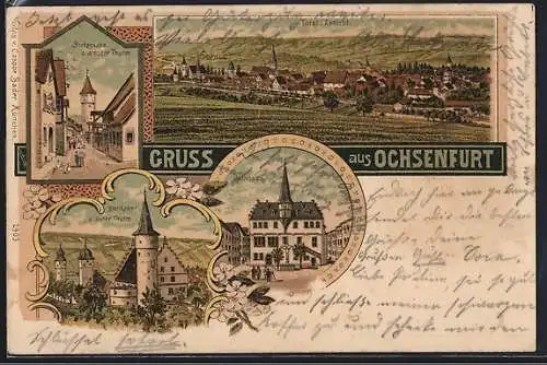 Lithographie Ochsenfurt / Main, Bocksgasse und Weisser Thurm, Rathaus, Bezirksamt und Dicker Thurm