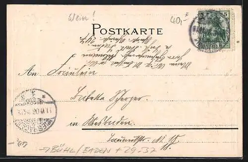Passepartout-Lithographie Bühl /Baden, Ortsansicht aus der Vogelschau, Wappen und Eichenzweig