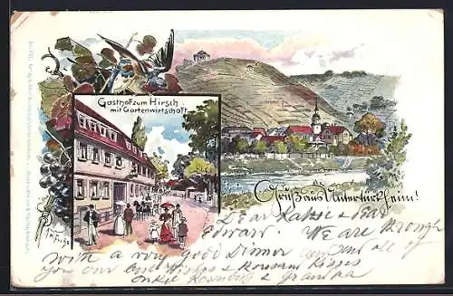 Künstler-AK Stuttgart, Unterturkheim, Ortspanorama mit der Kirche, Gasthof zum Hirsch