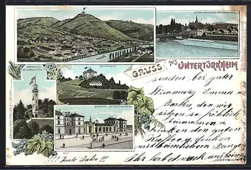 Lithographie Untertürkheim, Bahnhof, Kernenturm Schurwald, Neckarbrücke