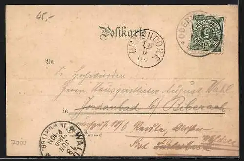 Lithographie Uhlbach / Obertürkheim, Gasthaus zur Krone, Kernenturm, Kirche