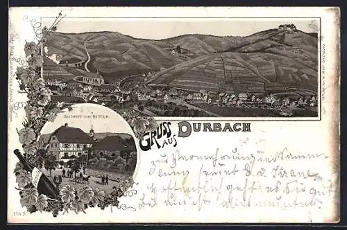 Lithographie Durbach, Gasthaus Zum Ritter, Totaleansicht vom Ort