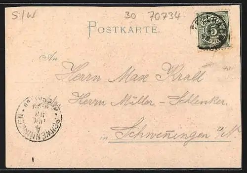 Lithographie Fellbach, Gasthaus zur Traube, Kirche, Kernen
