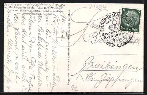 AK Stetten i. R., Gasthaus von E. Bauer, Yburg, Teilansicht