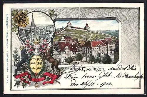 Passepartout-Lithographie Esslingen / Neckar, Rathaus mit Burg, Frauenkirche, Wappen
