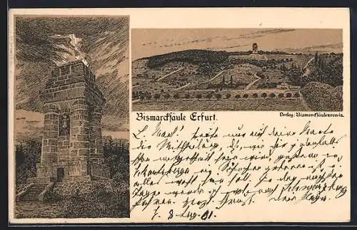 Lithographie Erfurt, Bismarcksäule, Panorama