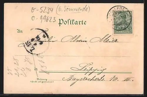 Lithographie Cölleda i. Thür., Schützenhaus, Johannes-Kirche, Krieger-Denkmal