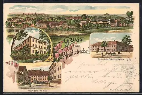 Lithographie Neudietendorf, Gasthof der Brüdergemeinde, Mädchen-Pensionat, Schwesternhaus