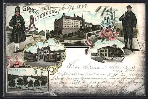 Lithographie Altenburg / S.-A., Schloss, Plateau, Bahnhof und Trachten