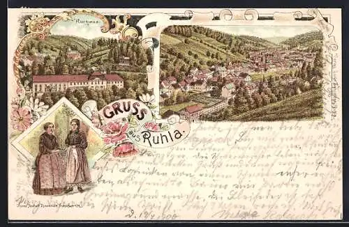 Lithographie Ruhla, Kurhaus, Teilansicht, Zwei Frauen in Tracht