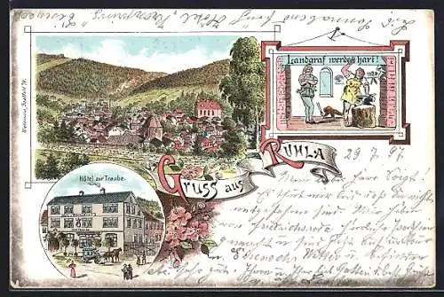 Lithographie Ruhla, Hotel zur Traube, Teilansicht, Landgrafenschmiede