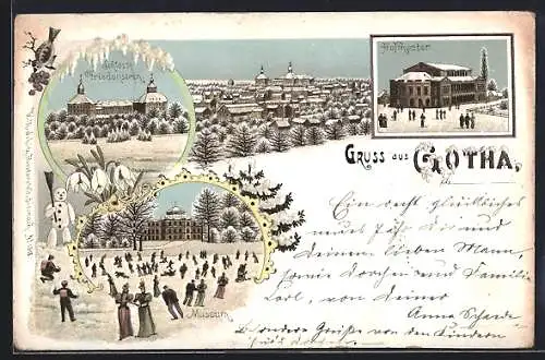 Winter-Lithographie Gotha, Schloss Friedenstein, Museum, Hoftheater, Schlittschuh laufen