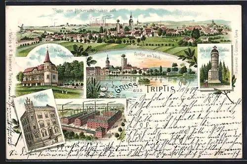 Lithographie Triptis, Porzellanfabrik, Rathaus, Hoker-Schlösschen, Ortsansicht