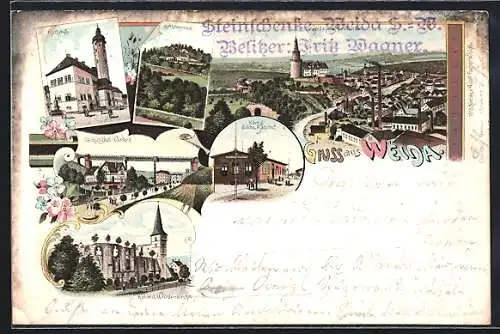 Lithographie Weida / Sa., Gasthaus Alpenrose, Rathaus, Königl. Sächs. Bahnhof