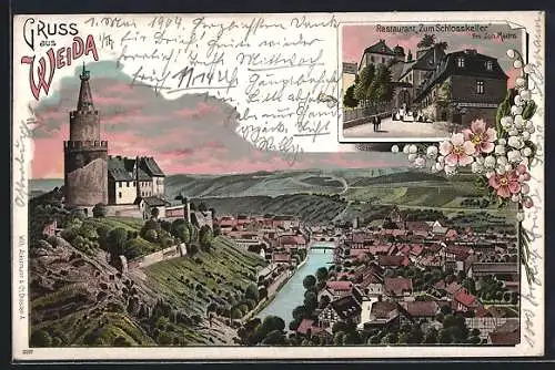 Lithographie Weida / Thür., Totalansicht, Restaurant Zum Schlosskeller